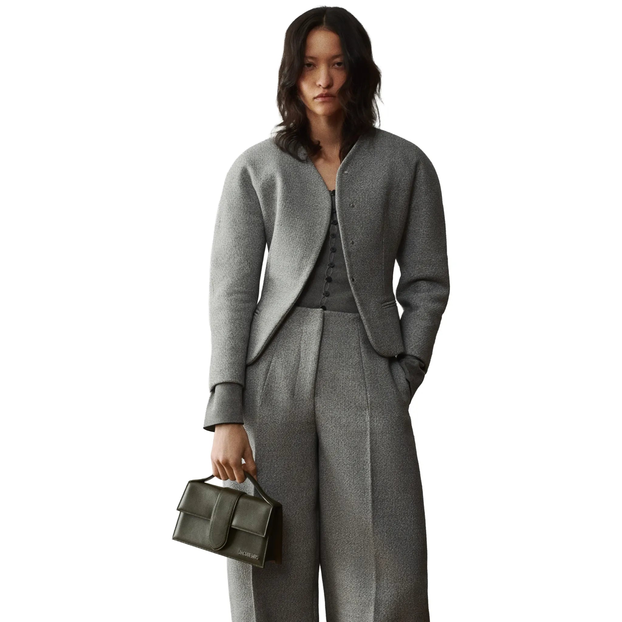 Model View of Jacquemus Large Bambino Dark Khaki Crossbody Bag BAW00007AC01C02580